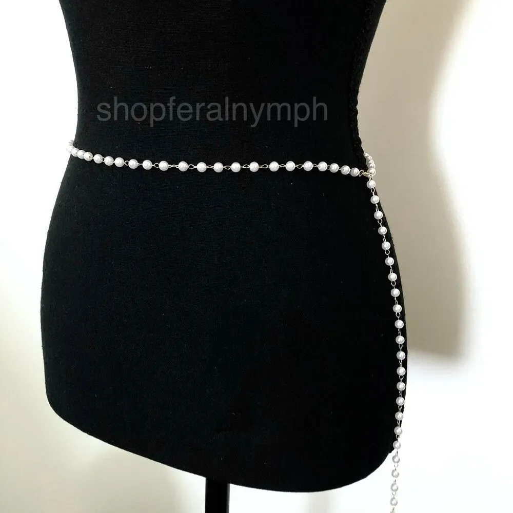 White Faux Pearl Gold Coquette Body Chain Belt, Fits Up to 42 Inches, X7GA1241
